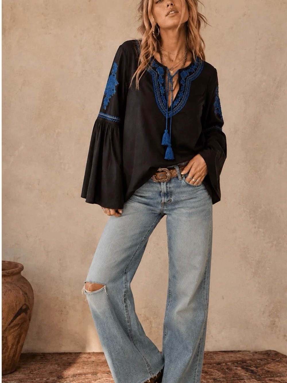 Embroidered Boho 100% Cotton. Tassels, Comfort,Charm NWT Sz Large